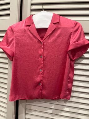 Theory Hot Pink Fuchsia Short Sleeve Camp Shirt Blouse Size S